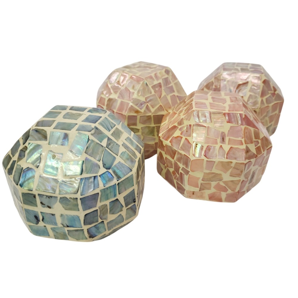 Mother of Pearl Mosaic Decorative Spheres Faceted Geometric Orbs Set of 4